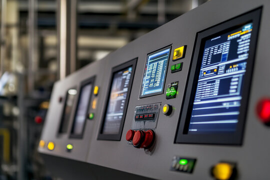 Industrial brewing control panels display operations in a modern brewery setting during daytime hours - Powered by Adobe