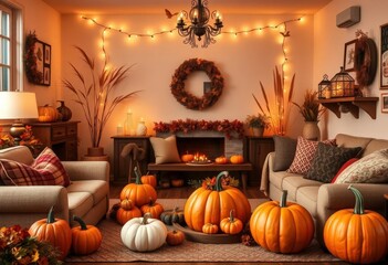 Obraz premium Cozy living room, carved pumpkins, twinkling lights, autumnal decor, interior, blanket