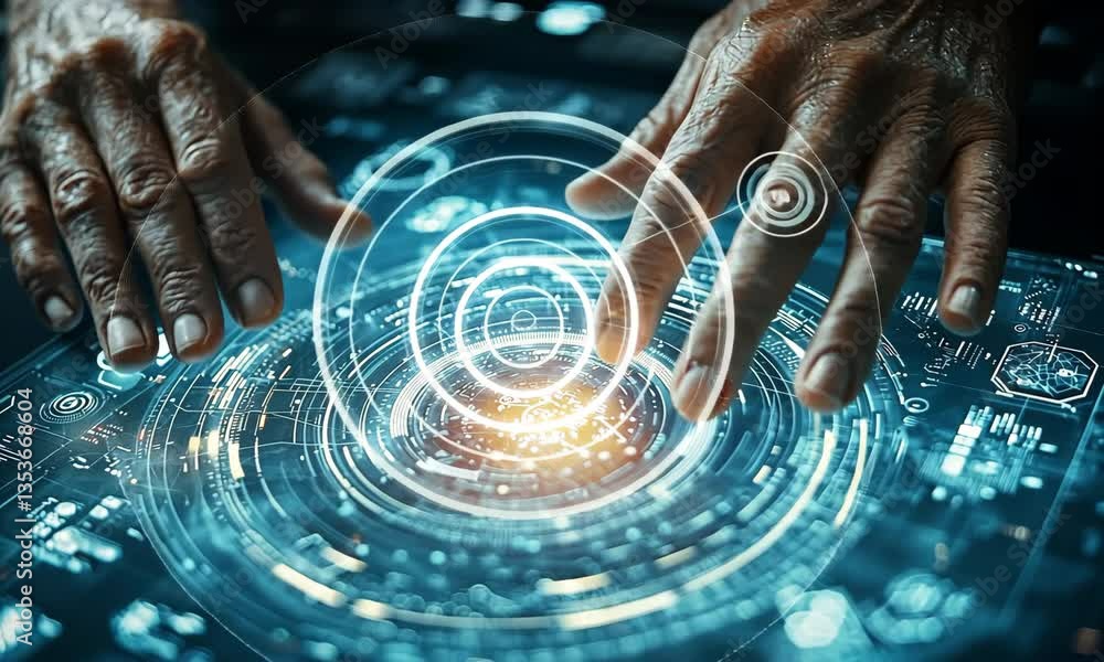 Poster Hands Interact with Advanced Touchscreen Interface Displaying Glowing Blue Holographic Data and Information
