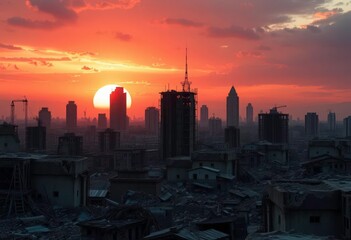 Obraz premium Crumbling cityscape, skeletal structures against a toxic sunset, desolate, dust