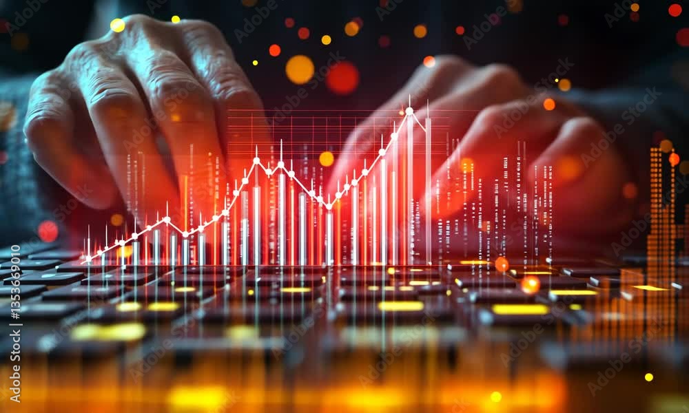 Poster hands typing on keyboard with abstract data visualization overlay and modern geometric glowing eleme