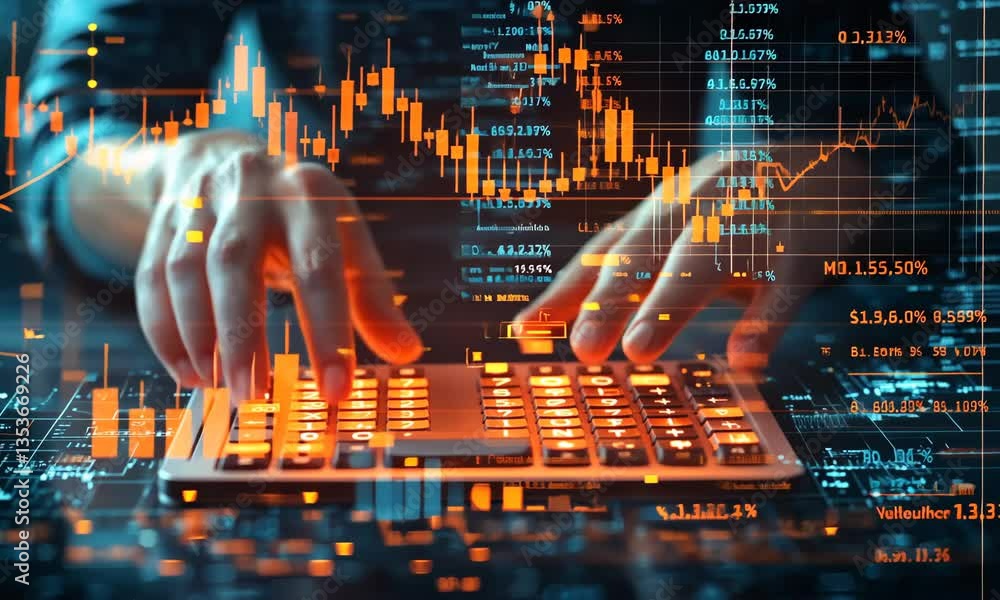 Poster hands typing on keyboard displaying orange candlestick chart and blue data stream in dark futuristic