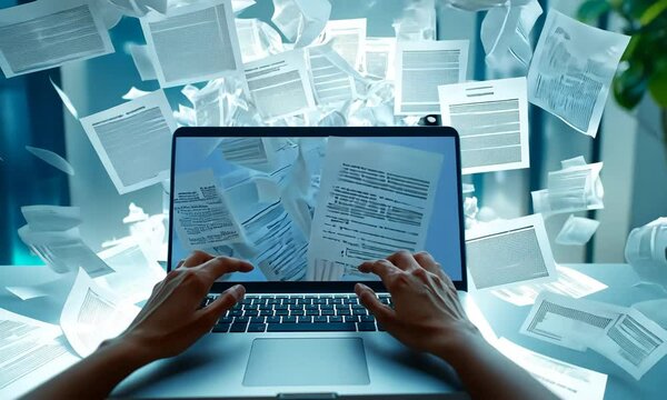 Hands Typing on Laptop with Abstract White Papers Floating Against Blue Background
