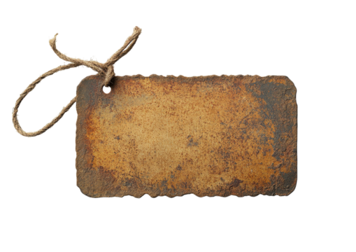 Vintage Aged Metal Name Tag with Twine Rope. Isolated on a Transparent Background - Powered by Adobe