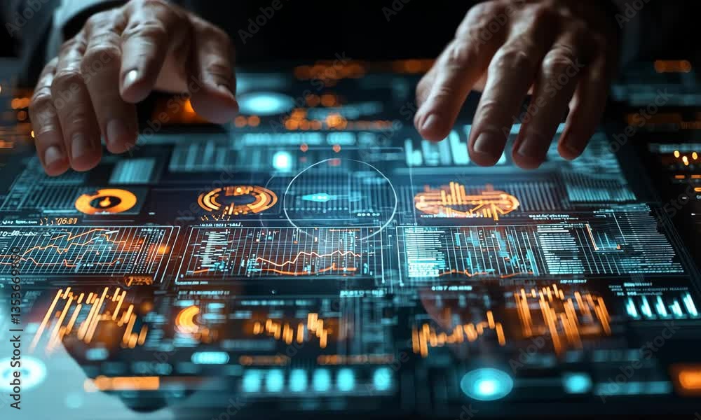Poster human hands interact with glowing digital user interface full of data charts and graphs on a dark ba