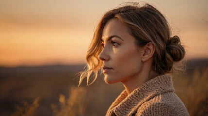 Thoughtful blonde woman in warm sunset light. Close-up portrait