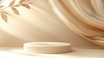 Elegant beige background with a flowing luxury cloth and podium for product display. Perfect for beauty mockups. copy space