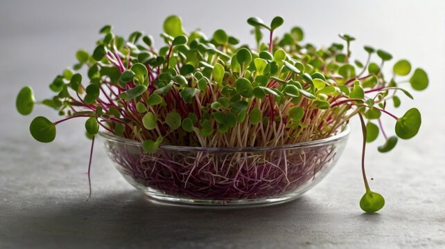 A vibrant assortment of microgreens arranged in a white dish on a sunlit table, showcasing a variety of flavors and colors in a modern kitchen setting