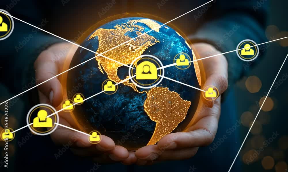 Poster illuminated globe held in hands against dark background depicting global connectivity and interconne