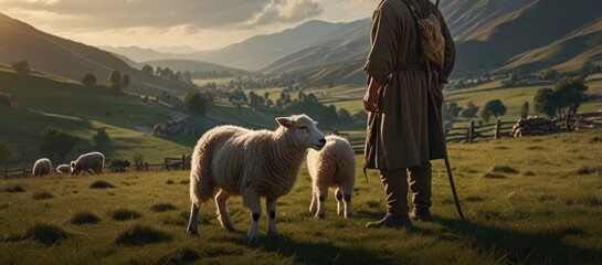 A shepherd guiding his flock of sheep through lush green fields during sunset in the countryside