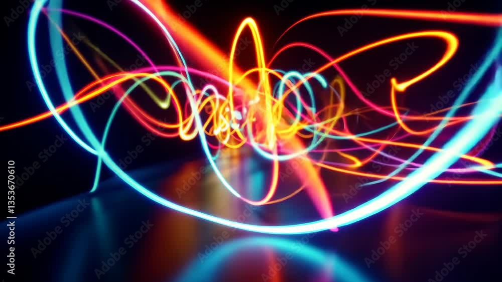 Poster dynamic neon light trails create vivid abstract patterns in motion