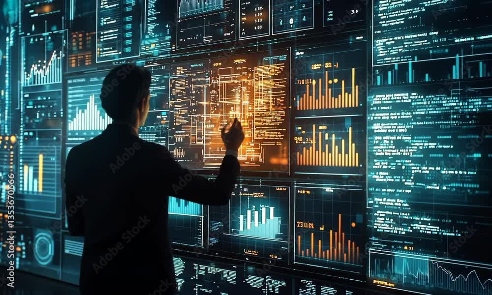 Poster man in suit interacting with advanced data visualization wall with orange and blue graphs