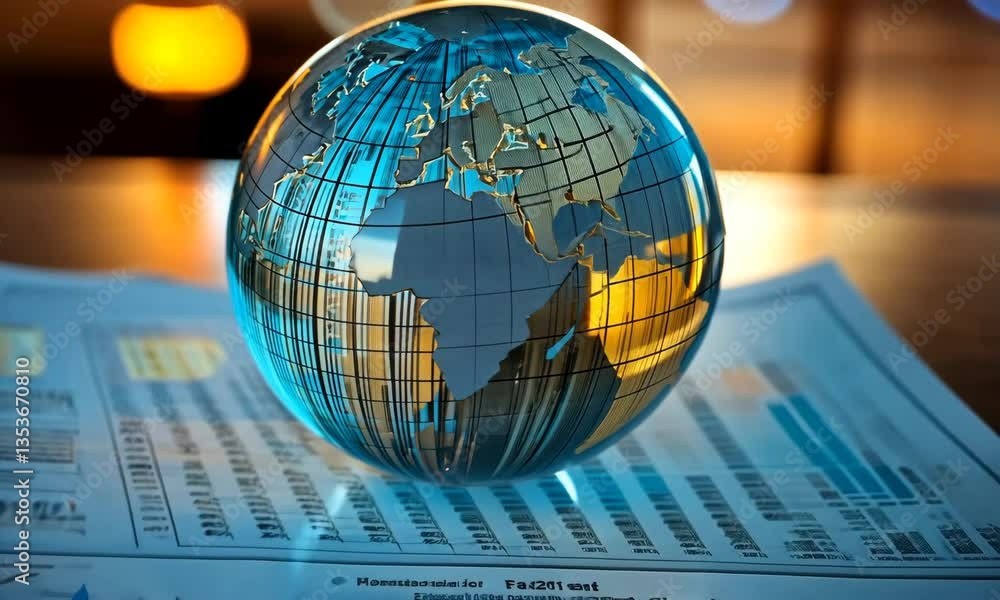 Aufkleber metallic globe resting on financial documents with a bokeh background in cyan and gold lighting
