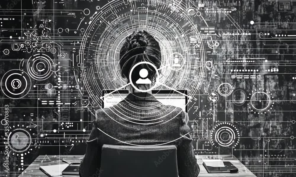 Poster monochrome image of woman working at computer with futuristic background with artificial intelligenc