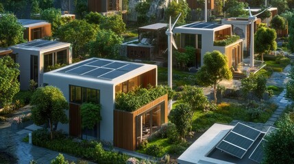 Eco-friendly residential community integrates solar panels and wind turbines for sustainable living