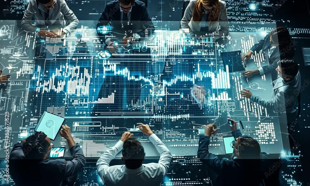 Poster overhead view of a business meeting at a conference table with digital display technology and people