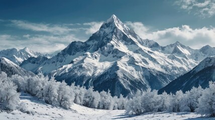 Majestic White Snowy Mountain Landscape with Blue Sky.
