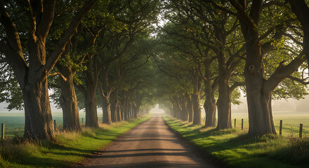 Sunlit Forest Pathway Surrounded by Towering Trees