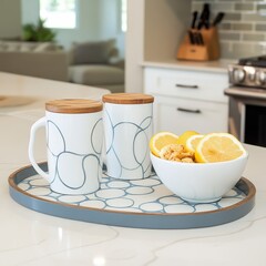 Two White Mugs with Wooden Caps on Modern Tray with Blue Circles Pattern and Gray Trim, Alongside Lemon Slices and Snack Bowl on Kitchen Counter