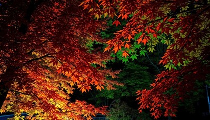 Glowing autumn leaves, vibrant colors, illuminated foliage at night, vibrant, glow