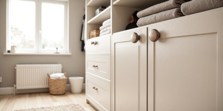Custom mocha mousse-finished wardrobe knobs with a smooth matte finish and minimalistic circular design. These knobs are mounted on cream-colored