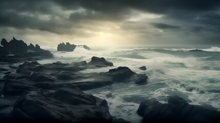 Obraz premium Dark Rocks and Stormy Ocean Waves Crashing
