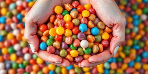 Hands holding many colorful candies, overflowing, caramel,  hard candy