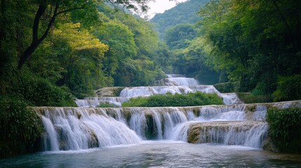 Fototapeta premium Picturesque cascading waterfalls nestled in a lush green forest landscape