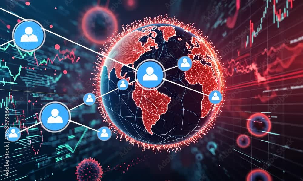 Aufkleber red and white world map displayed with stock market chart data and social network icons