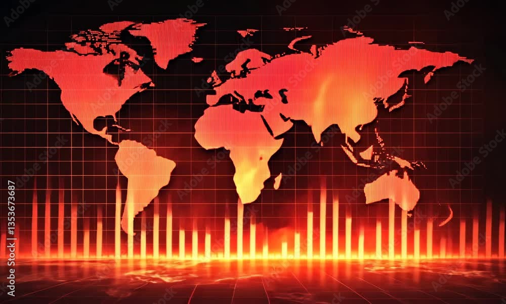 Poster red digital world map graphic with data bars on black background for global business strategy visual
