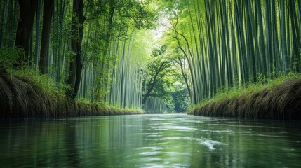 Obraz premium Serene river flows through a lush bamboo forest offering a tranquil view