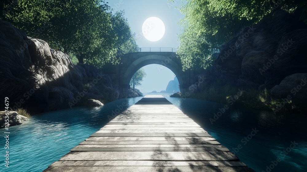 Poster A futuristic bridge extending into an infinite glowing tunnel