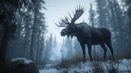 Majestic moose standing tall in a serene snowy forest environment in winter