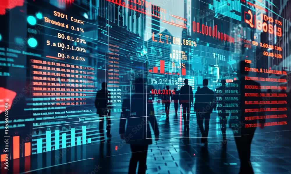 Poster silhouetted figures walk through a digital urban landscape displaying global data and financial char