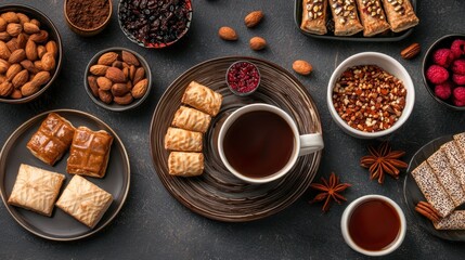 Fototapeta premium A festive table filled with Eid delicacies, Arabic coffee, and vibrant Ramadan decorations.