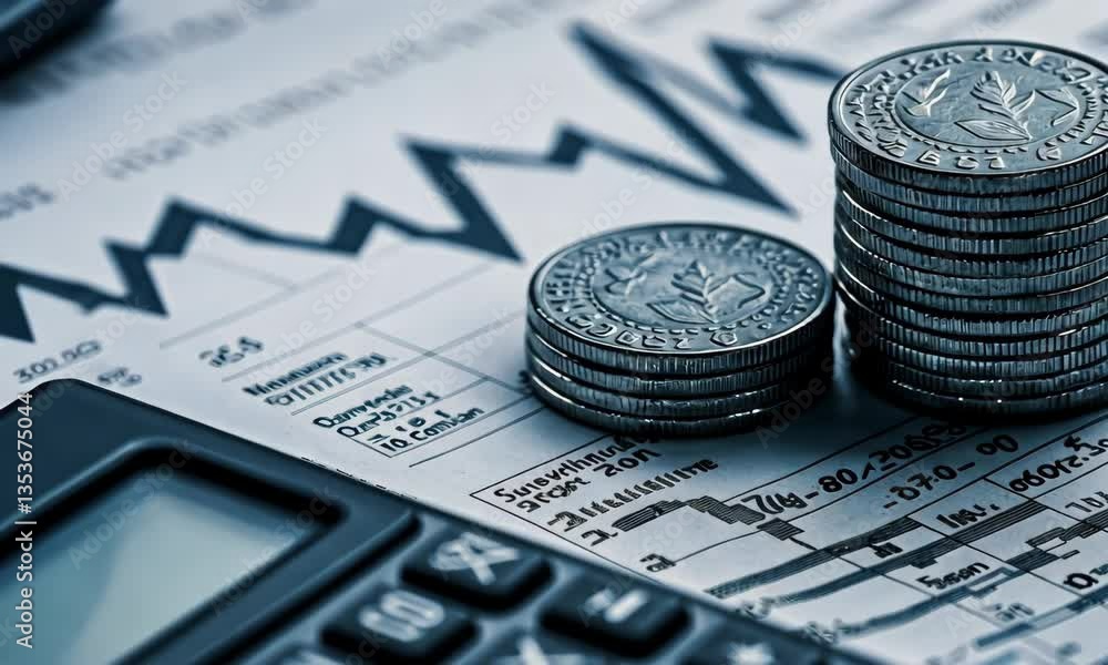 Poster stack of coins with calculator and graph sheet in close up view financial analysis and investment in