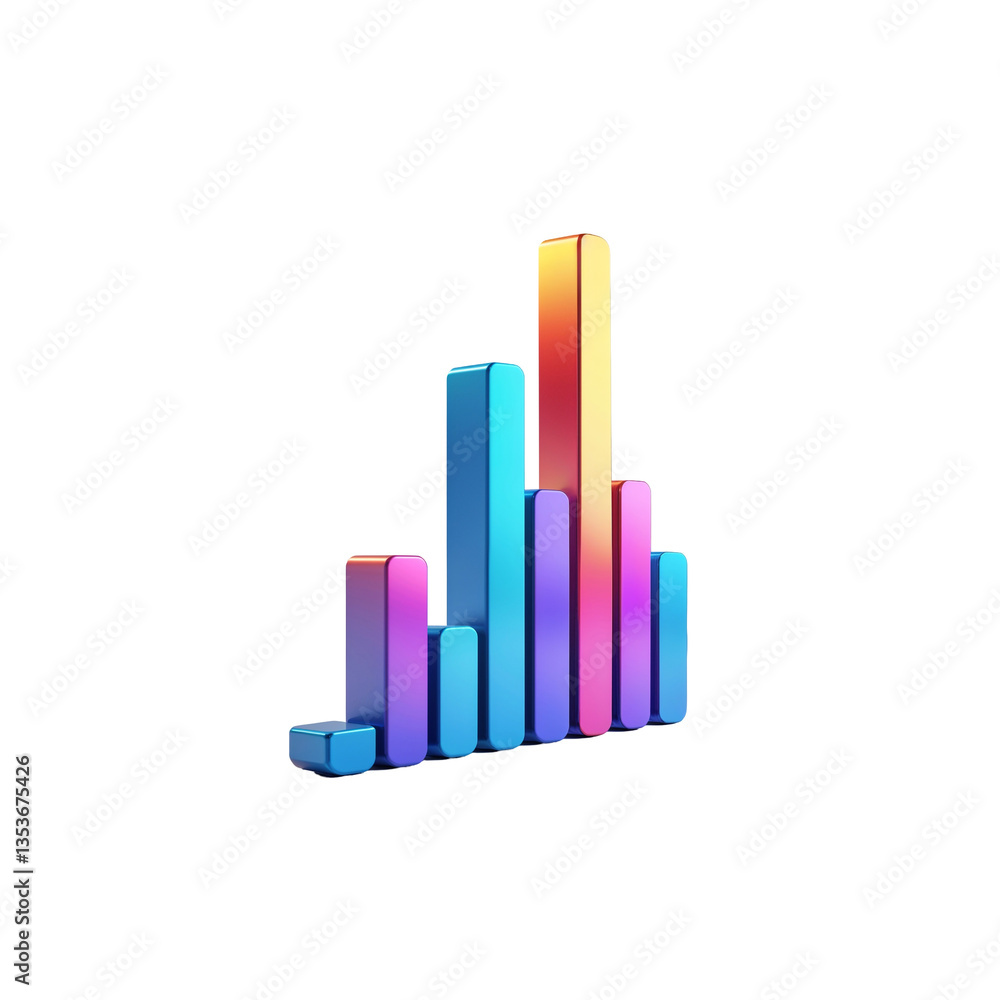Poster isometric 3d bar graph with geometric shapes and gradient colors, abstract financial chart for busin