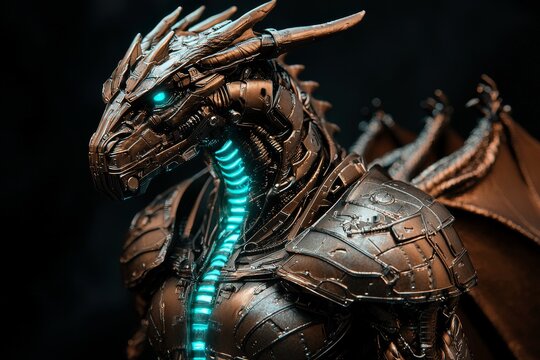 A futuristic biomechanical dragon with a sleek metallic exoskeleton, glowing cyan lights, and intricate cybernetic wings, blending technology with fantasy in a cyberpunk sci-fi world. - Powered by Adobe