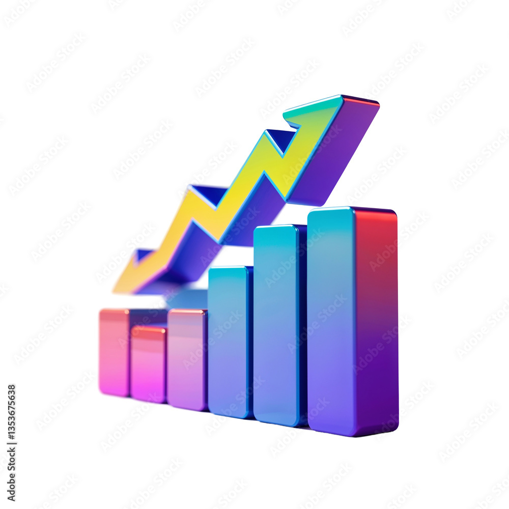 Poster 3d bar graph with vibrant colors and gradient effect, upward trending arrow in isometric view, dynam