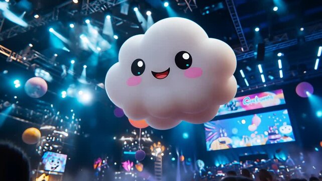 Animated cloud mascot in concert hall