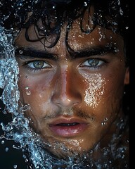 A low key portrait of a swimmer emerging from a dark pool