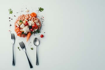 Creative top view of a human brain made from fruits, vegetables, and a utensil, symbolizing healthy eating. copy space