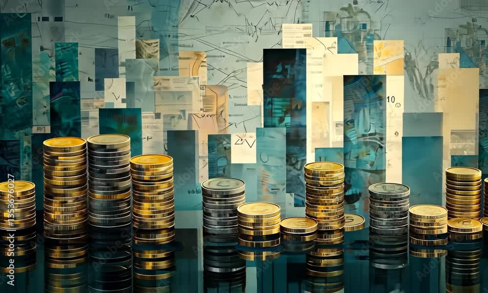 Poster stacks of gold and silver coins with data pattern backgrounds