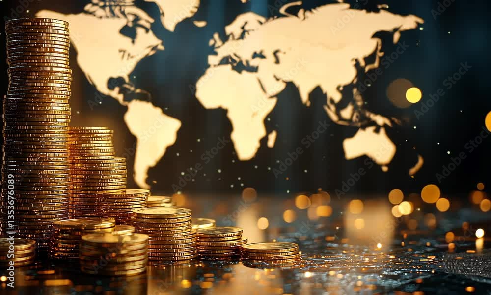 Aufkleber stacks of gold coins with a blurred world map background in warm lighting and bokeh