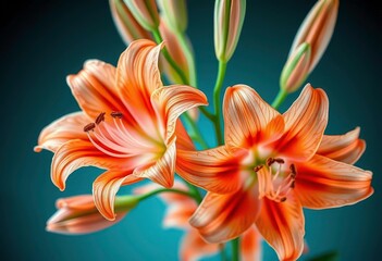 Obraz premium Layered X-ray peach lilies, delicate green stems, intricate floral structure, nature, petal
