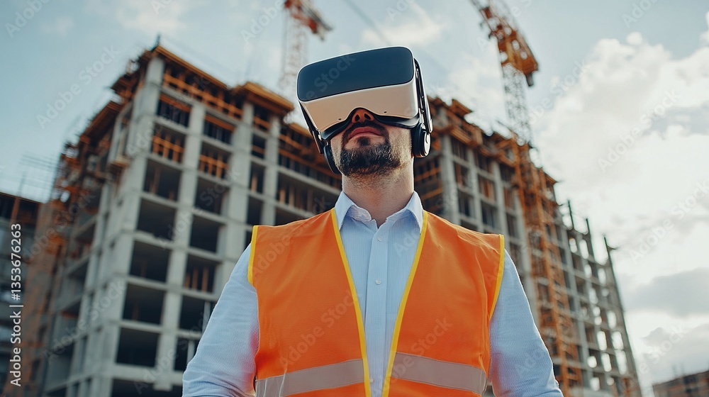 Poster engineer using vr headset on construction site for project visualization