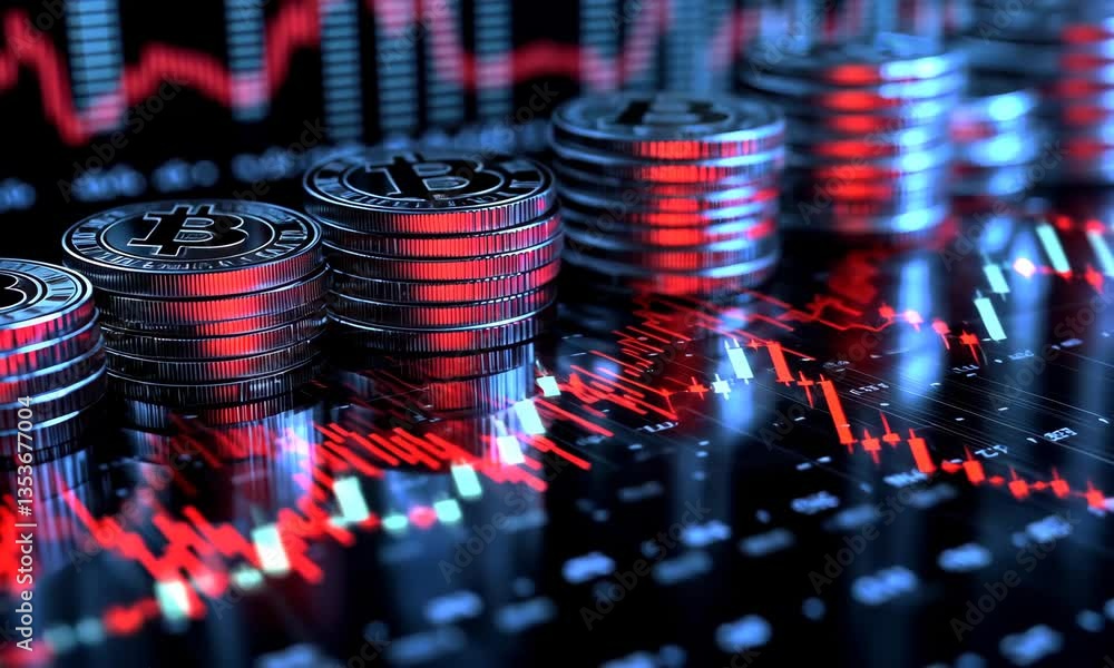 Poster stacks of shiny coins with fluctuating red and blue financial chart on dark background