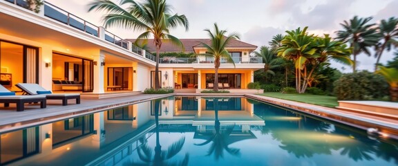 Luxury villa, private pool, palm tree, blurred background, luxury, resort