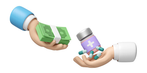 3d hand holding a stack of banknotes with doctor hand holding medicine bottle, antibiotics isolated. expensive medicine concept, 3d illustration render