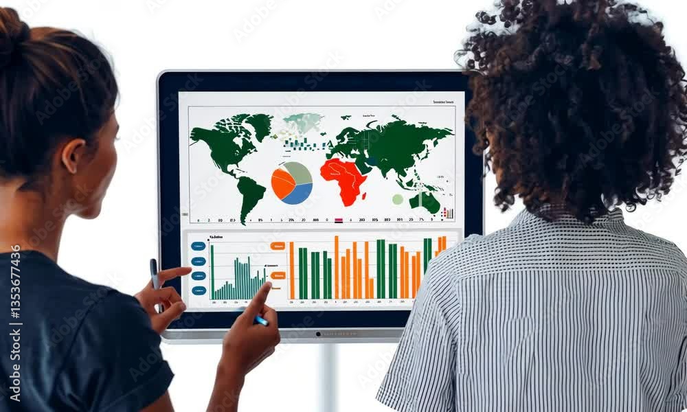 Poster Two Women Analyzing a World Map and Chart on a Computer Monitor with White Background
